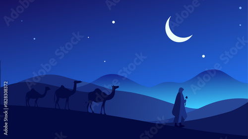 Caravan walking under the moonlit night sky