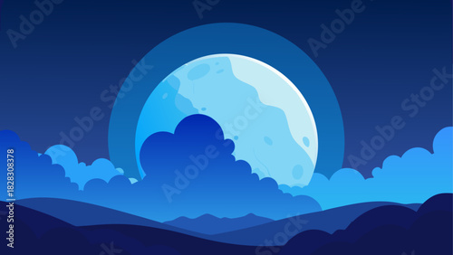 Cartoon moon over the clouds in the night sky