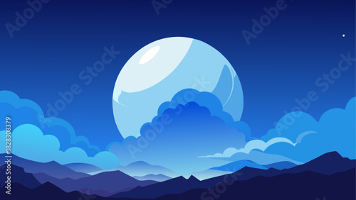 Illustration of a full moon over cloudy mountains
