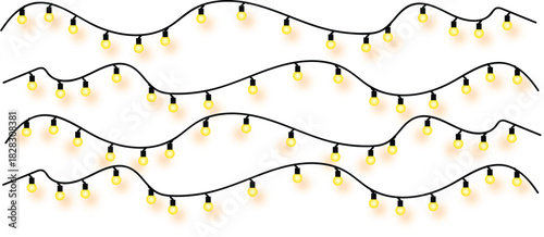 Vector graphic of festive hanging string lights with small glowing yellow bulbs. Four wavy garlands creating a warm and magical ambiance