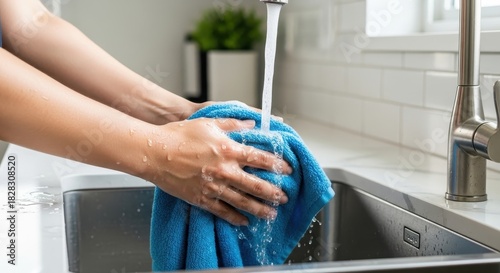 Hands wringing a bright blue towel beneath a stream of fresh flowing tap water to squeeze out