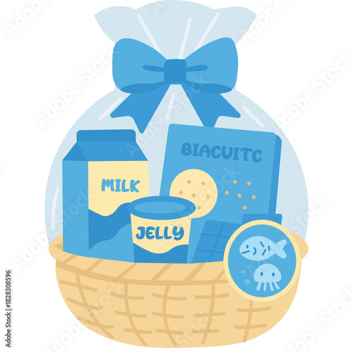 Blue gift bag with milk theme icon, great for baby showers, cozy parties, or illustrating nurturing, pure, and gentle celebration.