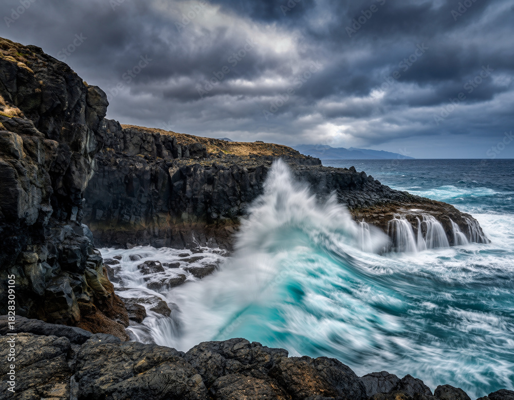 Fototapeta premium Dramatic Ocean Wave Crashing Against Rocky Coastline Under Stormy Sky Coastal Landscape Photography
