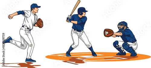 Baseball pitcher batter catcher action scene on field with uniforms, mitt, bat, home plate, dynamic sports vector illustration