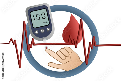 Illustration of Blood Glucose Testing with Glucometer and Heartbeat Line for Health Education and World Diabetes Day Awareness