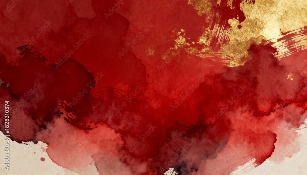 Fototapeta premium Digital Painting of Soft Blend of Traditional Chinese Watercolor Texture in Deep Reds and Gold Accents