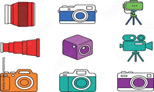 Colorful camera icons set featuring video, photo, compact, and lens equipment in modern flat style for creative digital use
