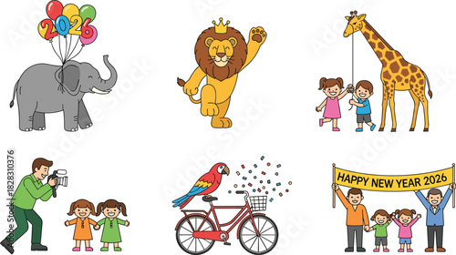 Colorful cartoon animals and children celebrating Happy New Year 2026 with festive decorations, balloons, confetti, and joyful expressions