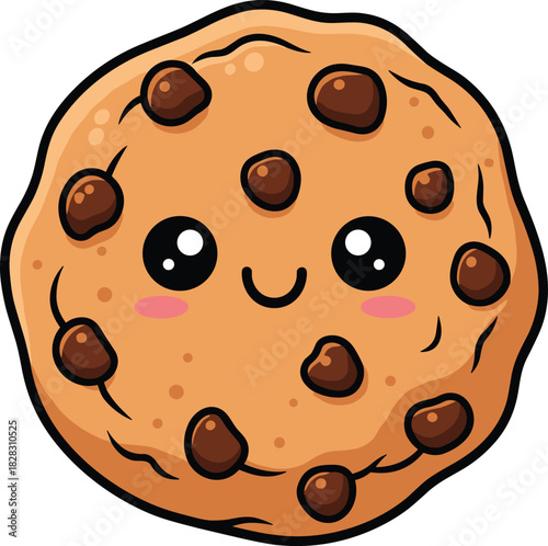 Cute cartoon chocolate chip cookie with kawaii face, happy expression, pink cheeks, bold outline, vector food character illustration