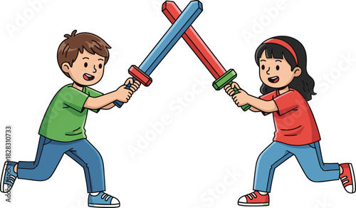 Happy children playing with toy swords in backyard, engaging in fun pretend battle, colorful outfits, joyful expressions, active outdoor imagination