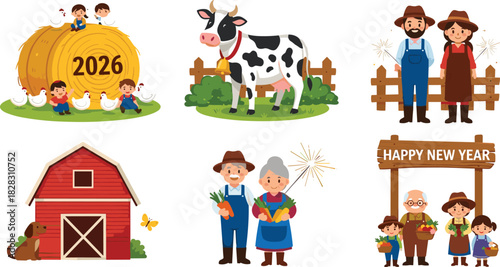 Happy New Year 2026 Farm Celebration Vector with Family, Animals, Barn, Vegetables, Sparklers, Countryside Scene, Festive Holiday Mood