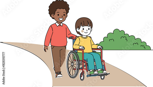Inclusive children outdoors on wheelchair pathway, friendship support diversity accessibility concept, happy kids bonding in nature with green background
