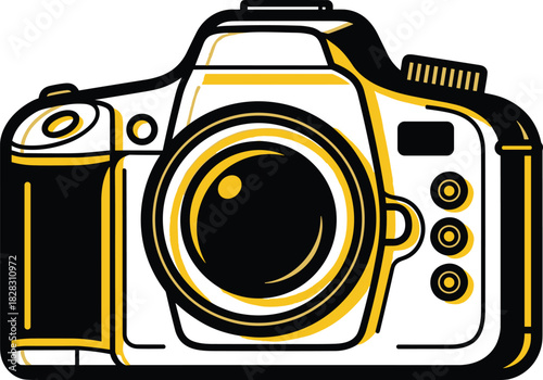 Minimalist DSLR camera vector illustration with bold black and yellow lines, perfect for photography, media, tech, and creative design themes.