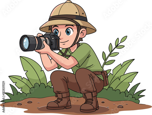 Wildlife photographer in jungle setting capturing nature with camera, explorer outfit, safari adventure, crouching pose, forest foliage background illustration