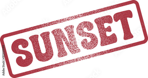 A distressed red rubber stamp impression clearly showing the word Sunset diagonally on a clean surface