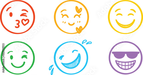 Set of pride doodle emoticons in rainbow colors. Lgbt design elements. Gay parade consept. LGBT rights symbols colorful vector black and white