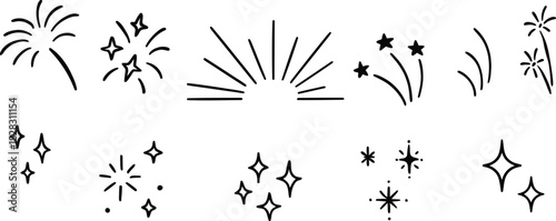 Set of cute line doodle elements for birthday, anniversary, Christmas, party kids and children invitation, poster, decoration. Lightning, explosion, sunburst, fireworks, black and white