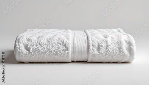A neatly folded bath towel. This is a white towel with a textured pattern. It appears to be freshly laundered and ready for use