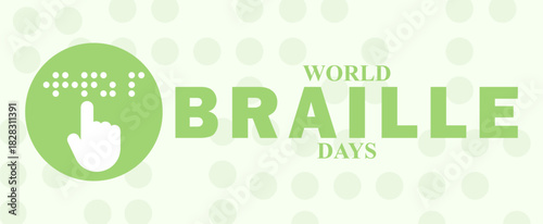 World Braille Day vector graphic featuring a hand icon reading braille dots and bold text on a light green background. Concept for visual impairment, education, global awareness, or disability rights 