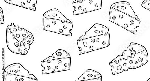 A charming seamless pattern of hand-drawn black and white illustrations featuring various triangular and wedge-shaped slices of Swiss cheese with holes.