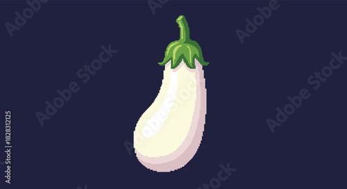 A stylized pixel art illustration of a single white eggplant with a vibrant green stem, presented on a minimalist dark background.