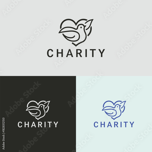 Charity Logo: A minimalistic and elegant charity logo showcasing a dove embraced within a heart. This symbolic design represents love, compassion, and peace. 