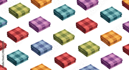 A seamless pattern of neatly folded plaid blankets in a vibrant array of colors, creating a cozy and inviting textile background.
