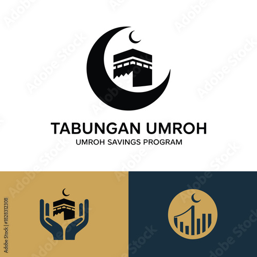 Umrah Savings Program Logo: A captivating logo that encapsulates the essence of the Umrah savings program, symbolizing spiritual journey with the sacred Kaaba, crescent moon and financial growth.