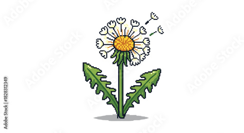 A pixel art illustration of a dandelion puffball with seeds detaching and floating in the air, depicted against a clean white background.