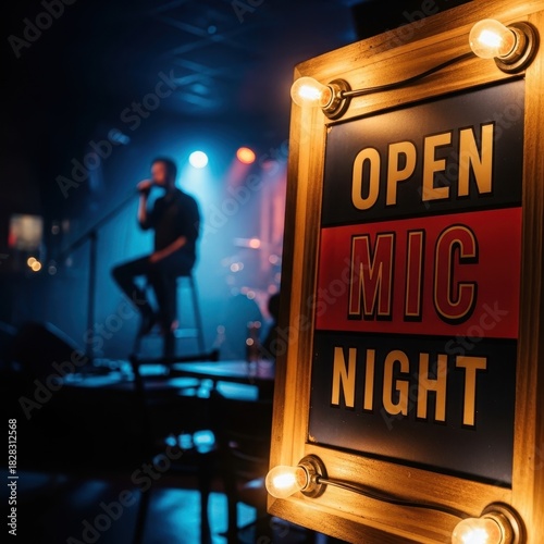 Illuminated open mic night sign inviting performers in an atmospheric entertainment venue setting