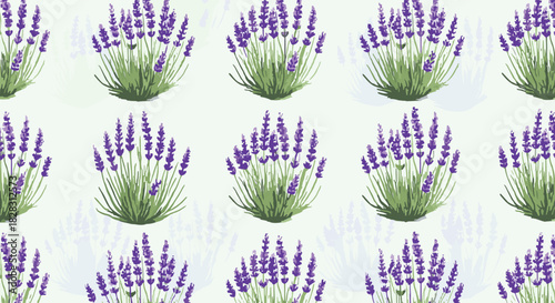 A vibrant and tranquil seamless pattern featuring hand-drawn lavender bushes with rich purple flowers and green leaves on a soft light green background.