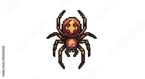 A pixel art illustration of a brown and orange spider, featuring intricate details on its abdomen and bright white eyes.