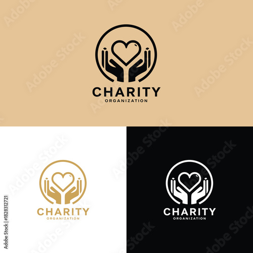 Charity Logo: A simple and elegant logo design symbolizing care, compassion, and support, ideal for a charitable organization. The design features hands cradling a heart, emphasizing giving and love.