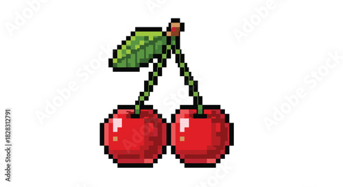 A charming pixel art illustration featuring two ripe red cherries with green leaves and brown stems, set against a clean white background.