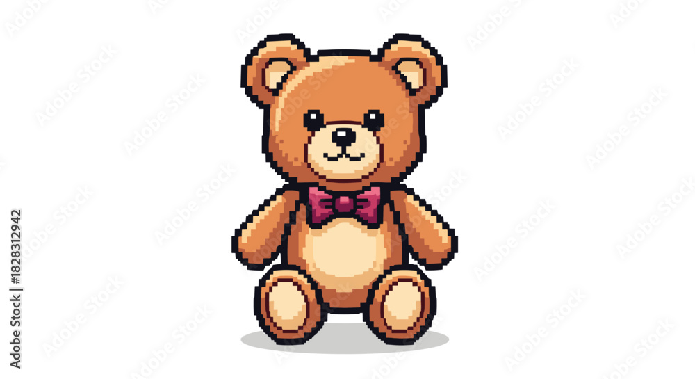 Fototapeta premium An adorable pixel art illustration of a classic brown teddy bear wearing a charming pink bow tie, sitting cheerfully on a clean white background.