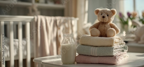 Teddy Bear and Milk Bottle in a Nursery Setting.