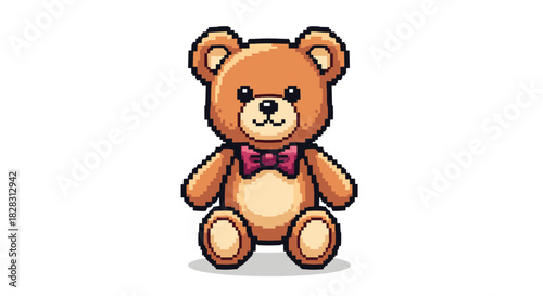 An adorable pixel art illustration of a classic brown teddy bear wearing a charming pink bow tie, sitting cheerfully on a clean white background.