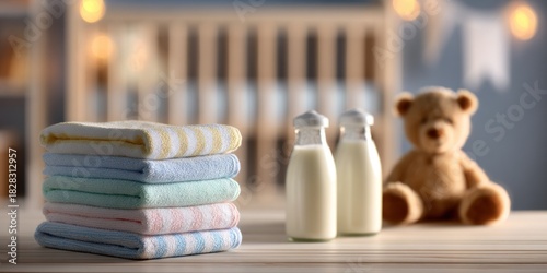 Baby essentials - Stack of towels, milk bottles, and teddy bear.