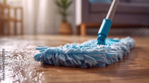 Close-up of a mop cleaning a wet wooden floor.