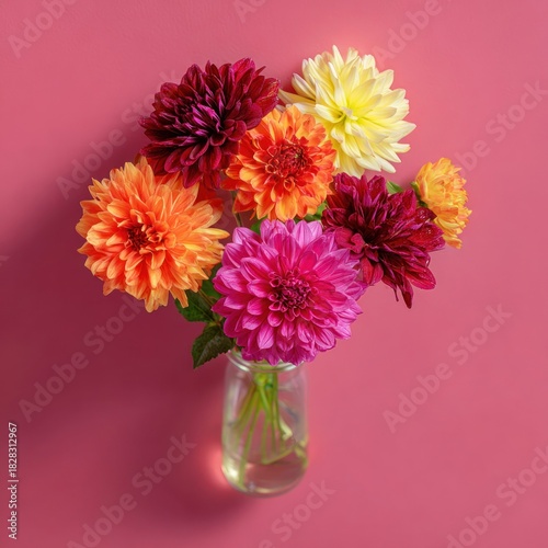 Colorful Dahlia Bouquet in Glass Vase Against Pink Background.