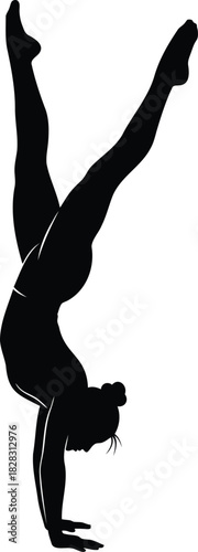 Black silhouette of a female gymnast performing a handstand with legs extended gymnastics