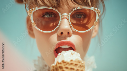 Stylish woman enjoys ice cream cone wearing retro sunglasses