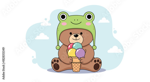 A cute cartoon bear wearing a green frog hat happily holds a colorful ice cream cone with four scoops against a whimsical sky background.