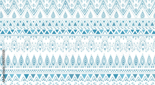 Seamless hand-drawn tribal and bohemian pattern featuring intricate geometric shapes, zigzags, and paisley motifs in shades of blue on white.