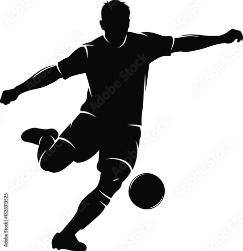 Black silhouette of a male soccer player kicking a ball football