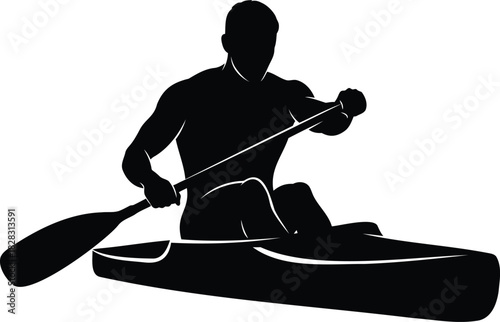 Black silhouette of a man paddling a kayak canoe boat