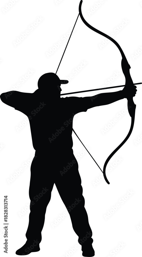 Obraz premium Black silhouette of a person aiming a bow and arrow archery