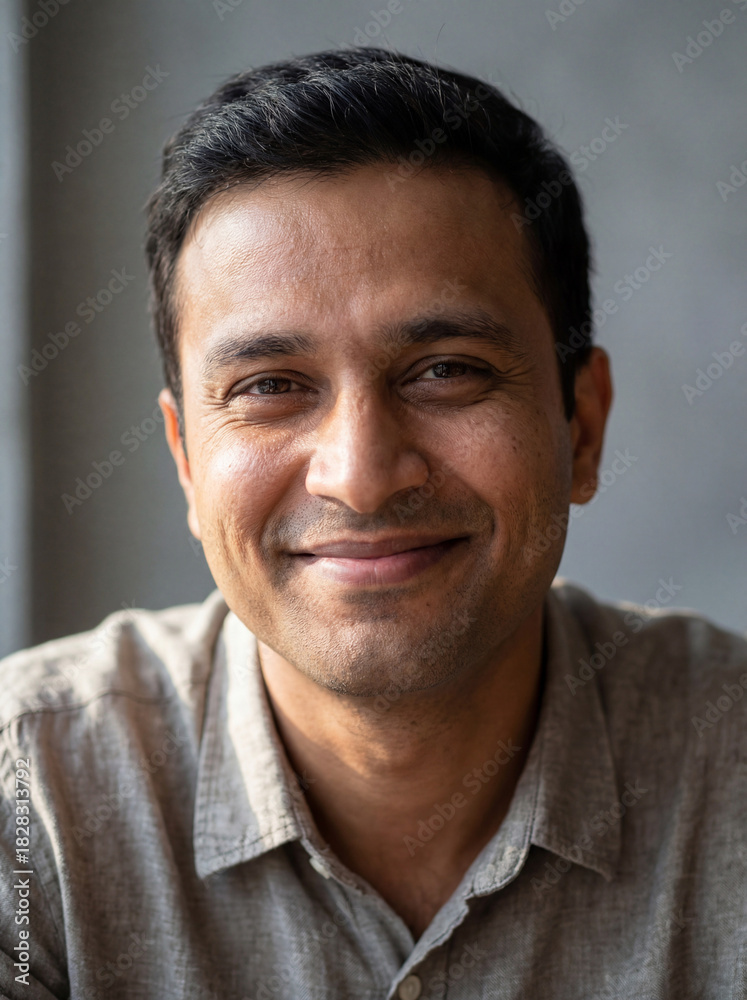 Obraz premium Smiling south asian man in a casual shirt looking directly at the camera with a friendly expression