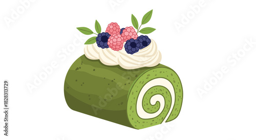 Delicious matcha swiss roll cake, elegantly garnished with fresh raspberries, blueberries, and whipped cream, a sweet dessert treat.