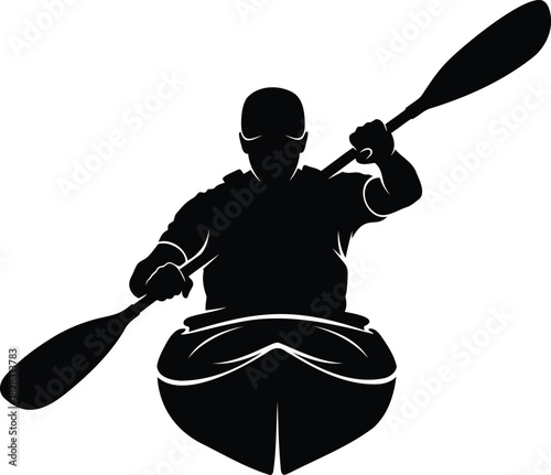Black silhouette of a person kayaking with a paddle canoe boat